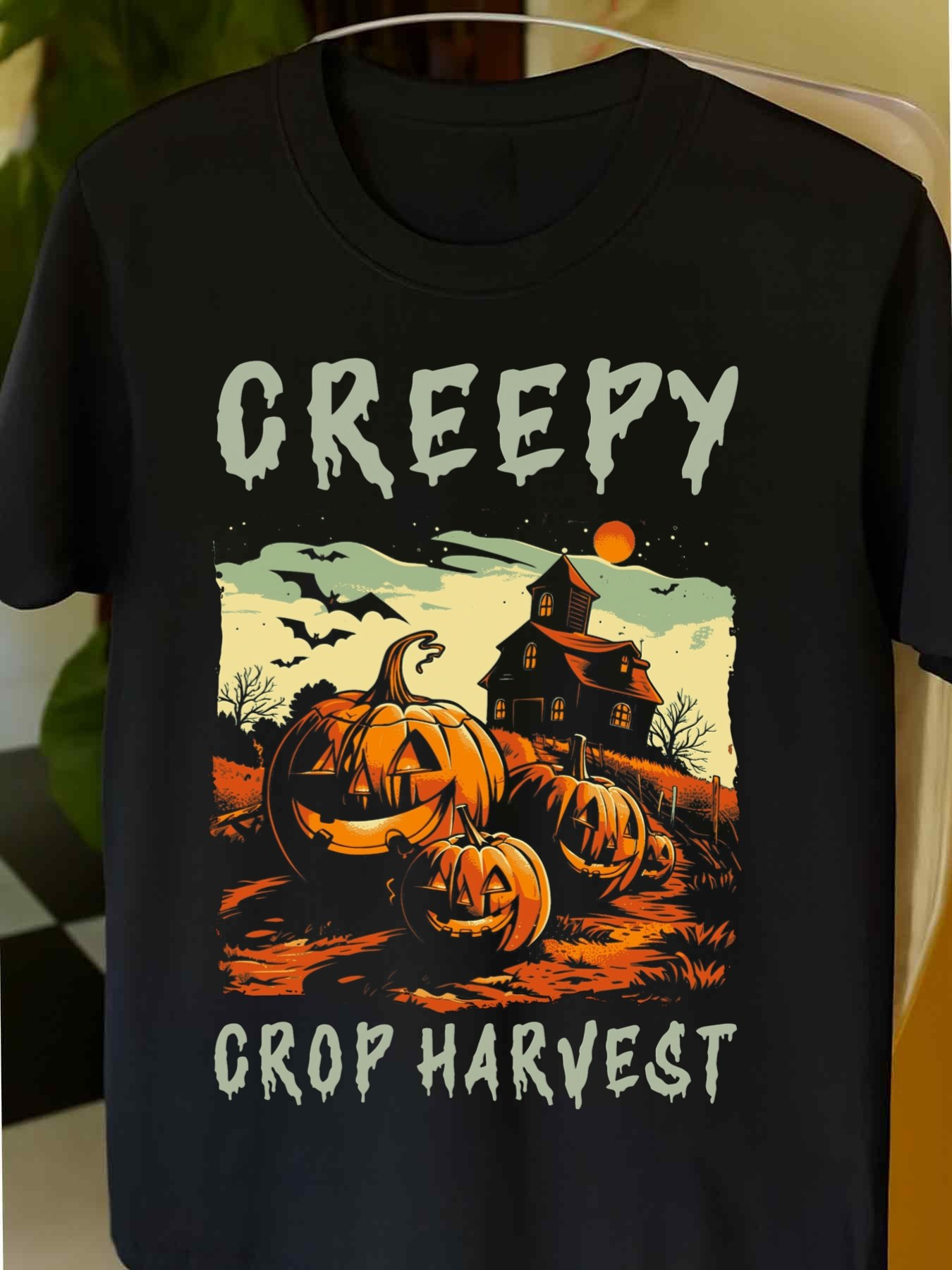 Men's Graphic T-Shirt Creepy Crop Harvest With Bats And Crumbling Rustic Barn Pumpkins
