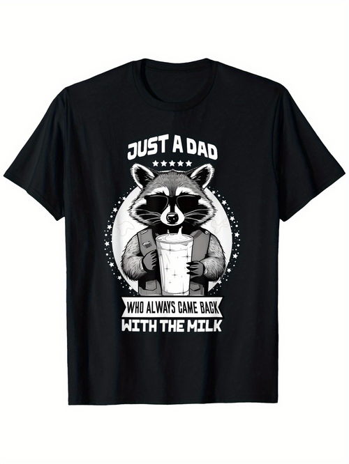 Men's Graphic T-Shirt Just A Dad With The Milk Raccoon Holding Large Milk Glass Art