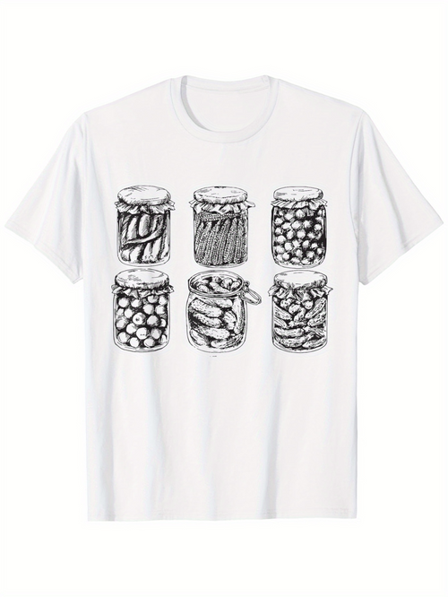 Men's Graphic T-Shirt Hand Drawn Style Preserved Vegetables Jars On White Cotton T Shirt