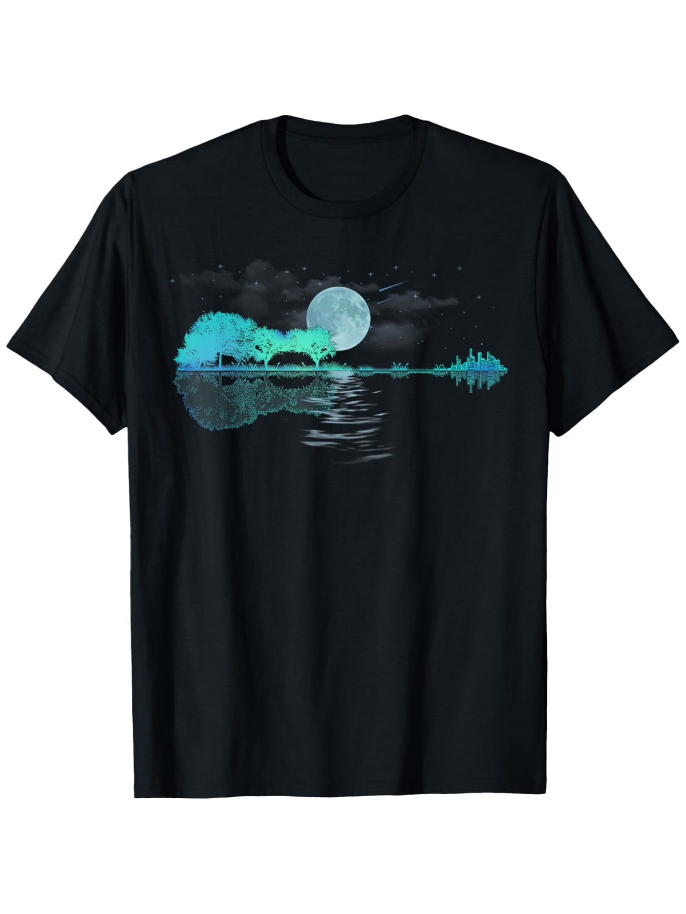 Men's Graphic T-Shirt Luminous Night Scene Reflected Lake Trees Clouds Full Moon Guitar