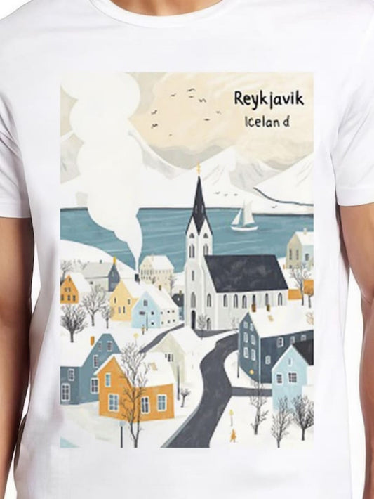Women's Graphic T-Shirt Reykjavik Iceland Winter Village With Snow Covered Houses And Church