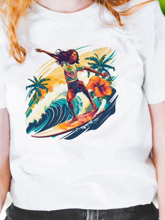 Women's Graphic T-Shirt Summer Sunset With Palms Waves Surfboard And Active Surfer