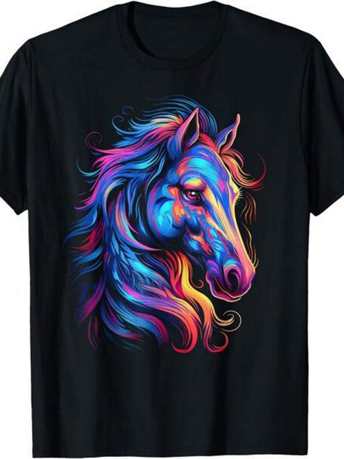 Men's Graphic T-Shirt Vivid Neon Colors Flowing Through Majestic Wild Horse Portrait