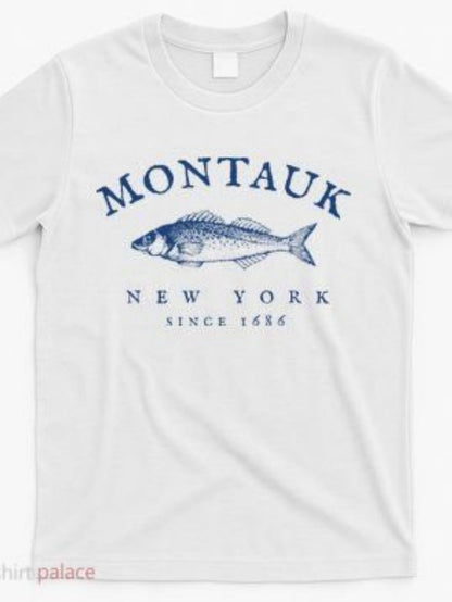 Men's Graphic T-Shirt Montauk New York Since 1664 Vintage Blue Etching Of Fish