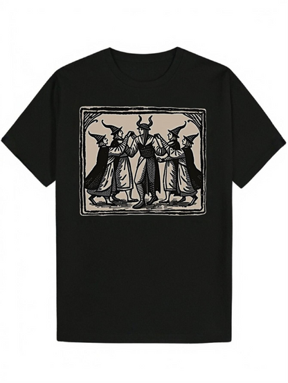 Men's Graphic T-Shirt Vintage Occult With Wizards Standing Among Ornate Mystical Patterns