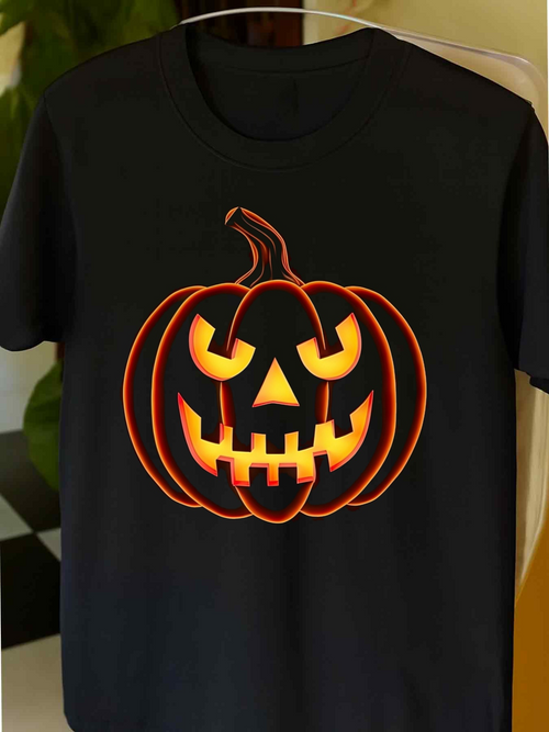 Men's Graphic T-Shirt Glowing Face Halloween Night Pumpkin With Spooky Candlelight Smile Pumpkin