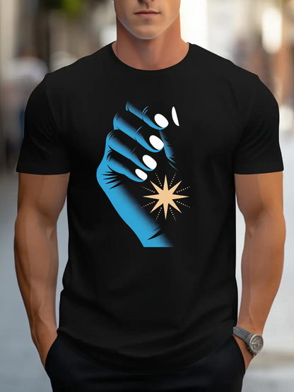 Men's Graphic T-Shirt Blue Hand With White Nails Reaching For Radiant Golden Star