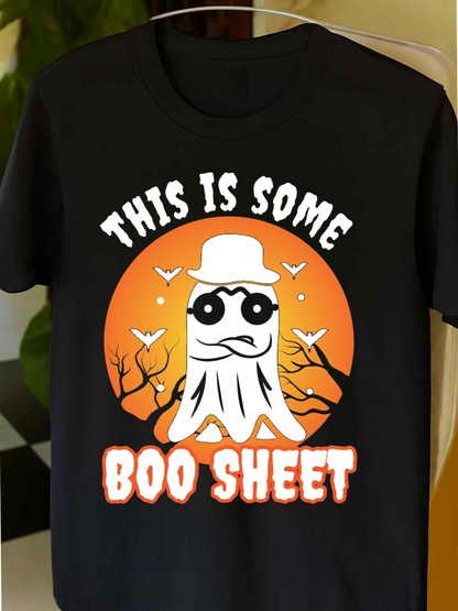 Men's Graphic T-Shirt This Is Some Boo Sheet Spooky Ghost With Sunglasses Under Orange Moon