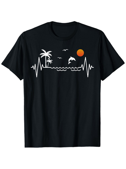 Men's Graphic T-Shirt Waves And Palm Trees With Sunset And Jumping Dolphin