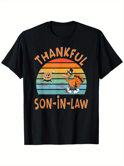 Men's Graphic T-Shirt Thankful Son In Law Retro Orange Yellow Sunset With Cartoon Turkey