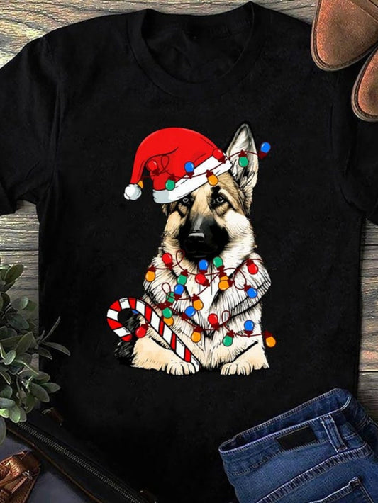 Women's Graphic T-Shirt Festive Holiday Lights With Candy Cane Wearing Christmas Dog