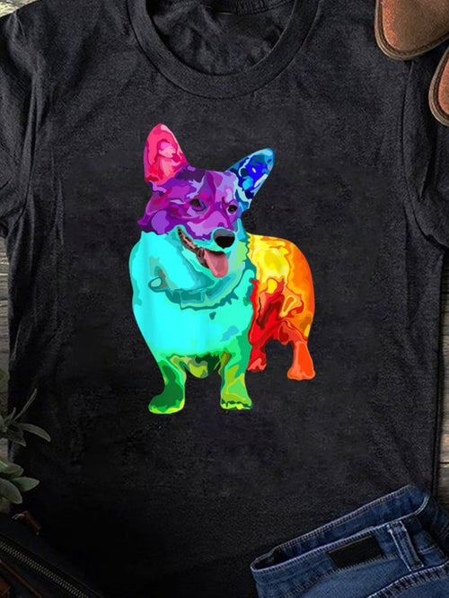 Men's Graphic T-Shirt Colorful Abstract Splashes With Vibrant Accents Featuring A Happy Corgi Dog
