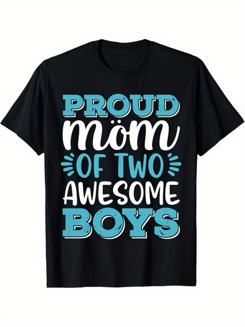 Men's Graphic T-Shirt Proud Mom Of Two Awesome Boys Bold Lettering With Decorative Accents On Black T Shirt