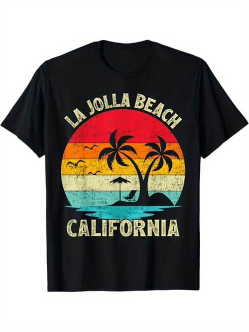 Men's Graphic T-Shirt La Jolla Beach California Retro Sunset With Palm Trees And Seagulls Shoreline