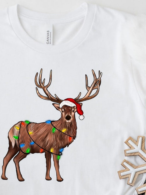 Men's Graphic T-Shirt Festive Reindeer Wrapped With Colorful Christmas Lights Wearing Santa Hat Reindeer