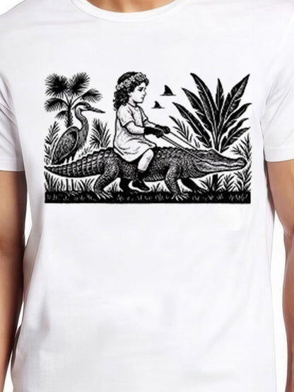 Men's Graphic T-Shirt Vintage Wild Jungle Scene With Girl Riding Majestic Crocodile