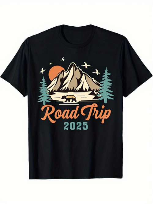 Men's Graphic T-Shirt Road Trip Among Pines With Sunlit Mountains And Soaring Birds Bear