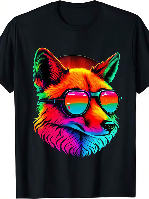 Men's Graphic T-Shirt Vibrant Neon Colors Reflecting On Sunglasses Fox