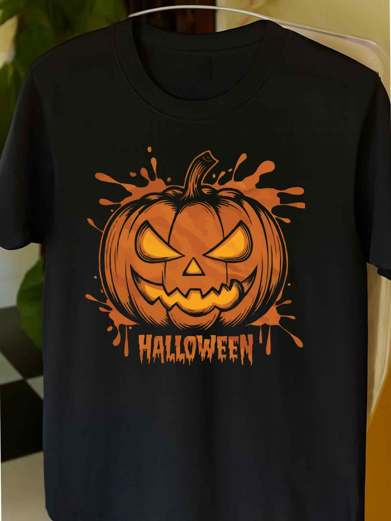 Men's Graphic T-Shirt Halloween Glowing Orange Pumpkin With Splattered Paint And Spooky Smile Pumpkin