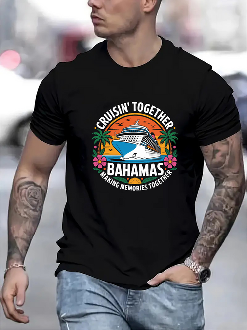 Men's Graphic T-Shirt Cruisin Together Bahamas Sunset Ocean With Palm Trees Cruise Ship