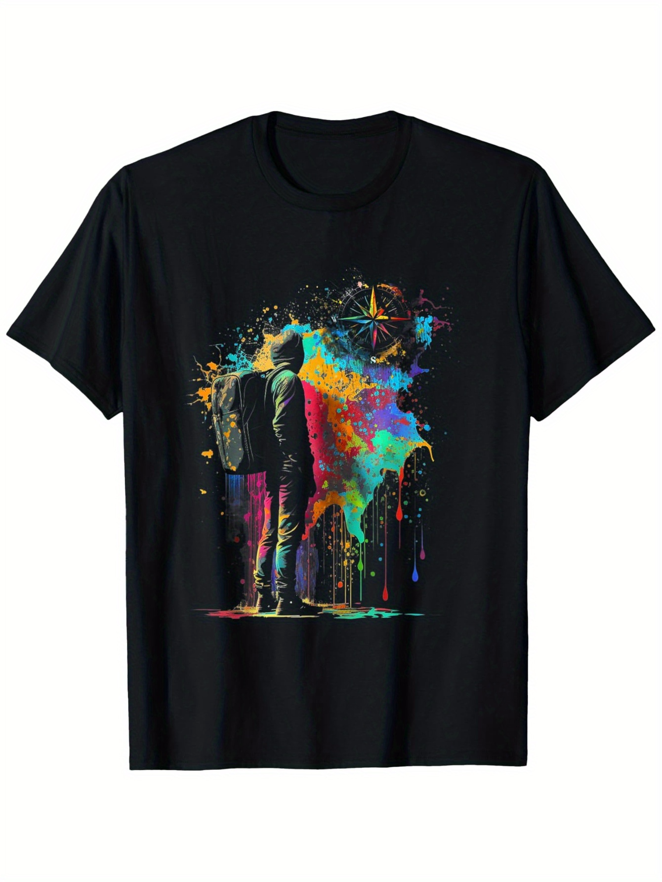 Men's Graphic T-Shirt Vivid Splashes Of Colors Surrounding A Lone Backpacker Exploring Night Sky