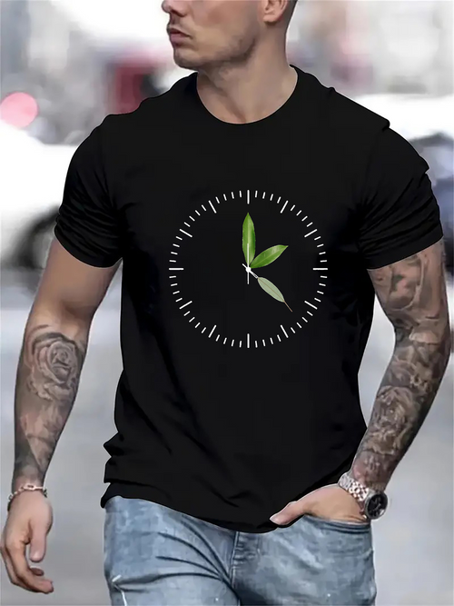 Men's Graphic T-Shirt Simple Green Leaves Forming Elegant Watch Dial Design
