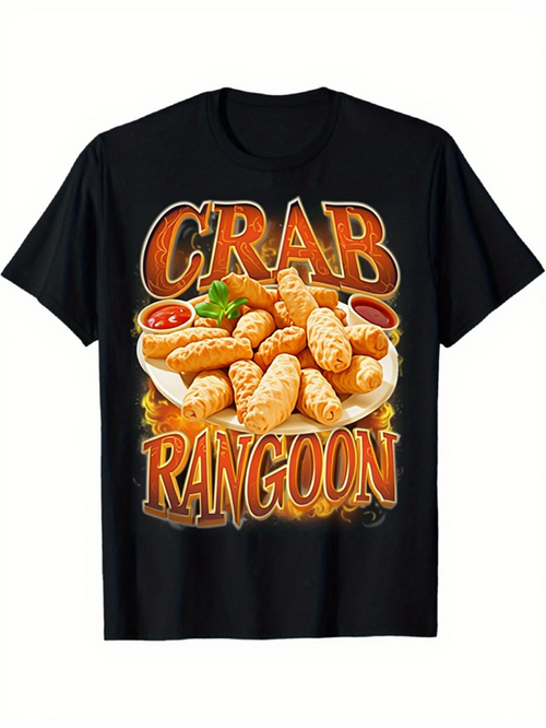Men's Graphic T-Shirt Crab Rangoon Crispy Appetizers With Sauce And Herbs Surrounded By Fire