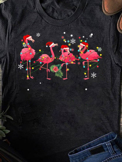 Men's Graphic T-Shirt Cheerful Festive Lights And Santa Hats On Playful Flamingo