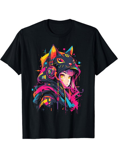 Men's Graphic T-Shirt Vibrant Neon Lights With Futuristic Cat Ear Headphones Anime Girl