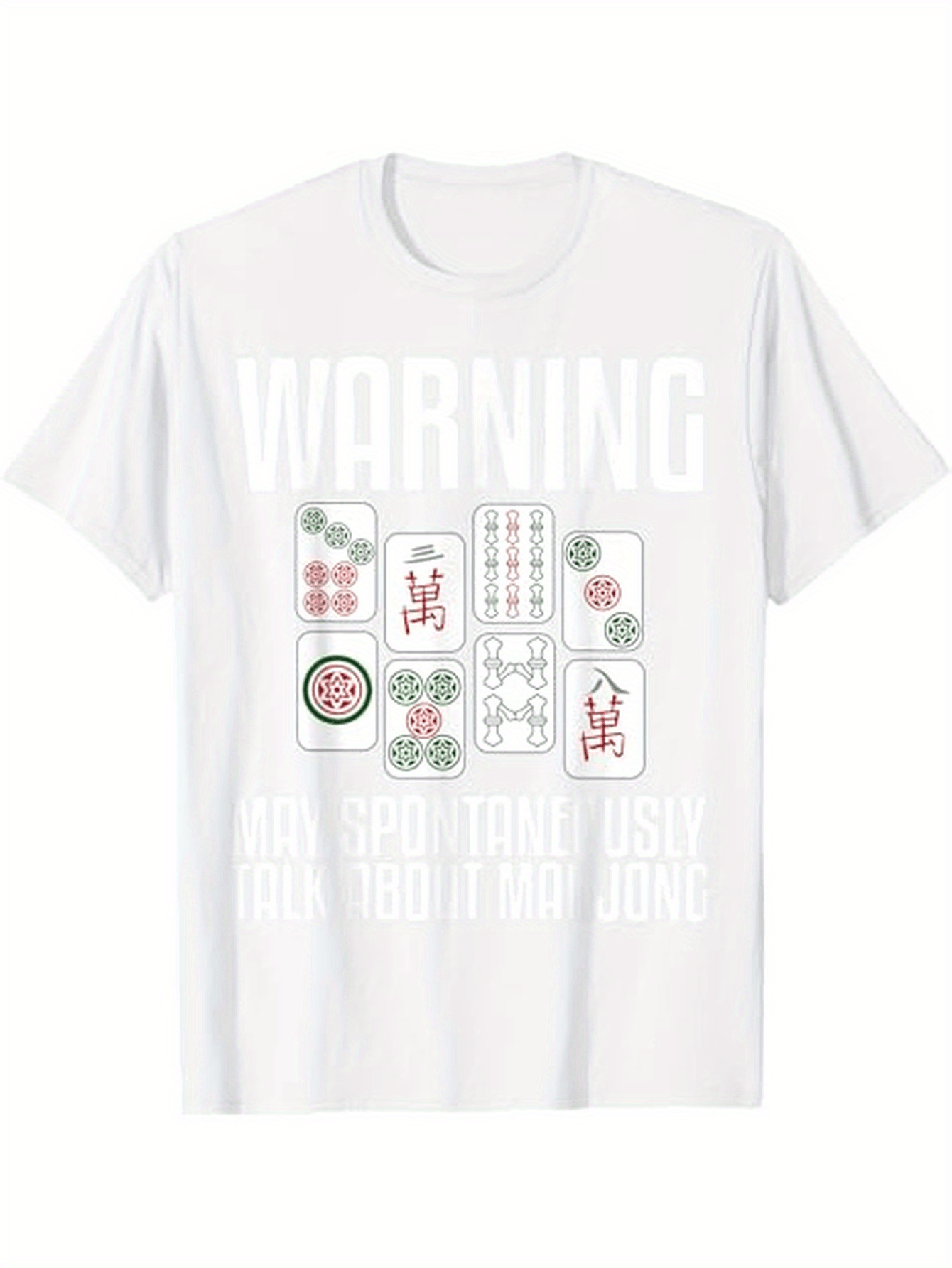 Men's Graphic T-Shirt Warning Mahjong Tiles With Playful Patterns Under White Letters