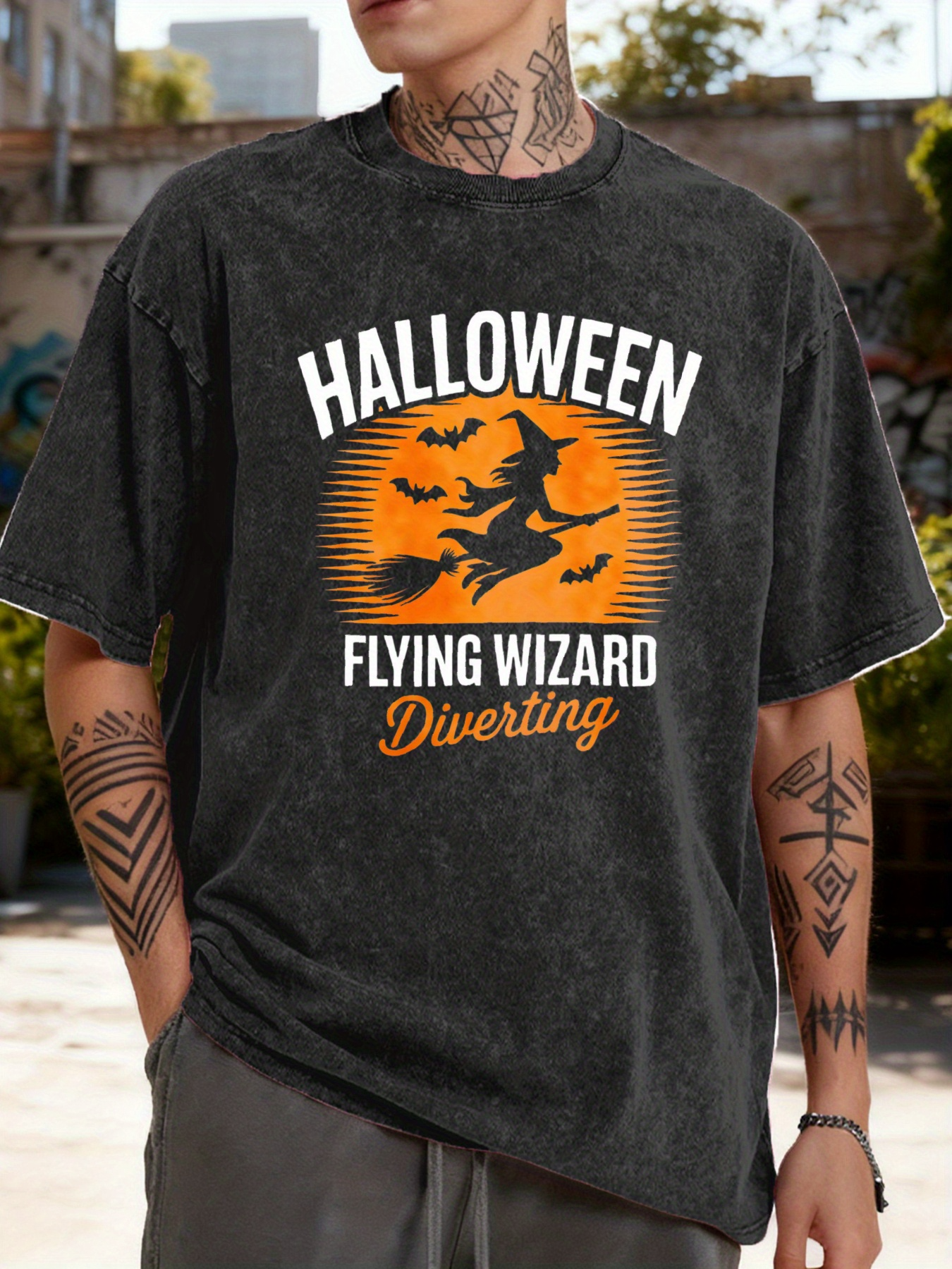 Men's Graphic T-Shirt Halloween Orange Sunset With Bats And Magical Flying Witch