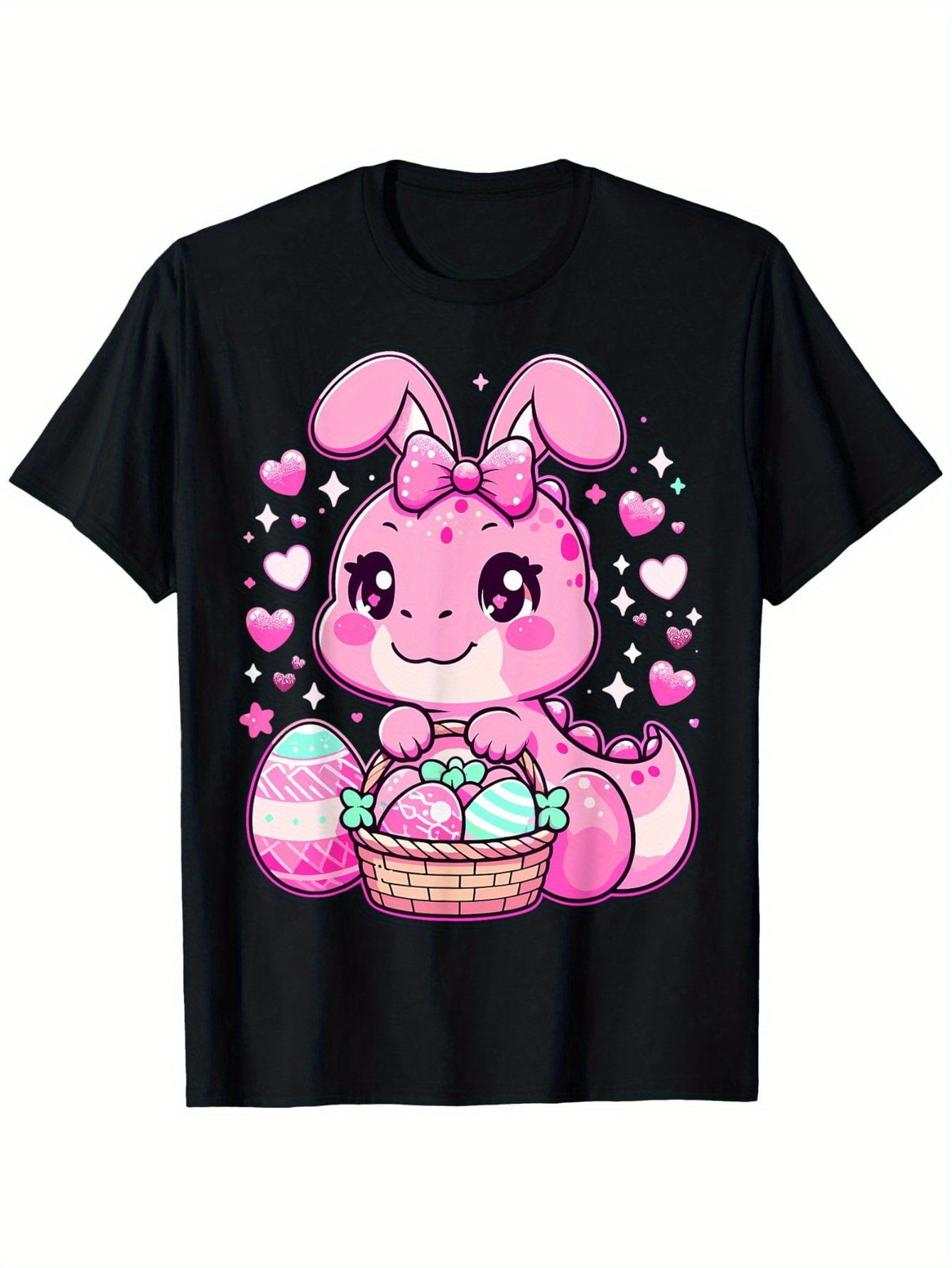 Men's Graphic T-Shirt Pink Cartoon Bunny With Easter Eggs Surrounded By Hearts And Sparkles Bunny