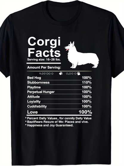 Men's Graphic T-Shirt Corgi Facts Nutritional Chart With Playful Dog Silhouette On Black Fabric T Shirt