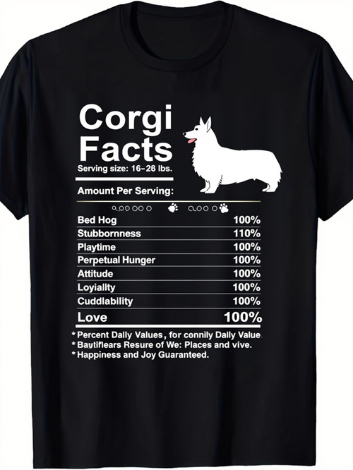 Men's Graphic T-Shirt Corgi Facts Nutritional Chart With Playful Dog Silhouette On Black Fabric T Shirt