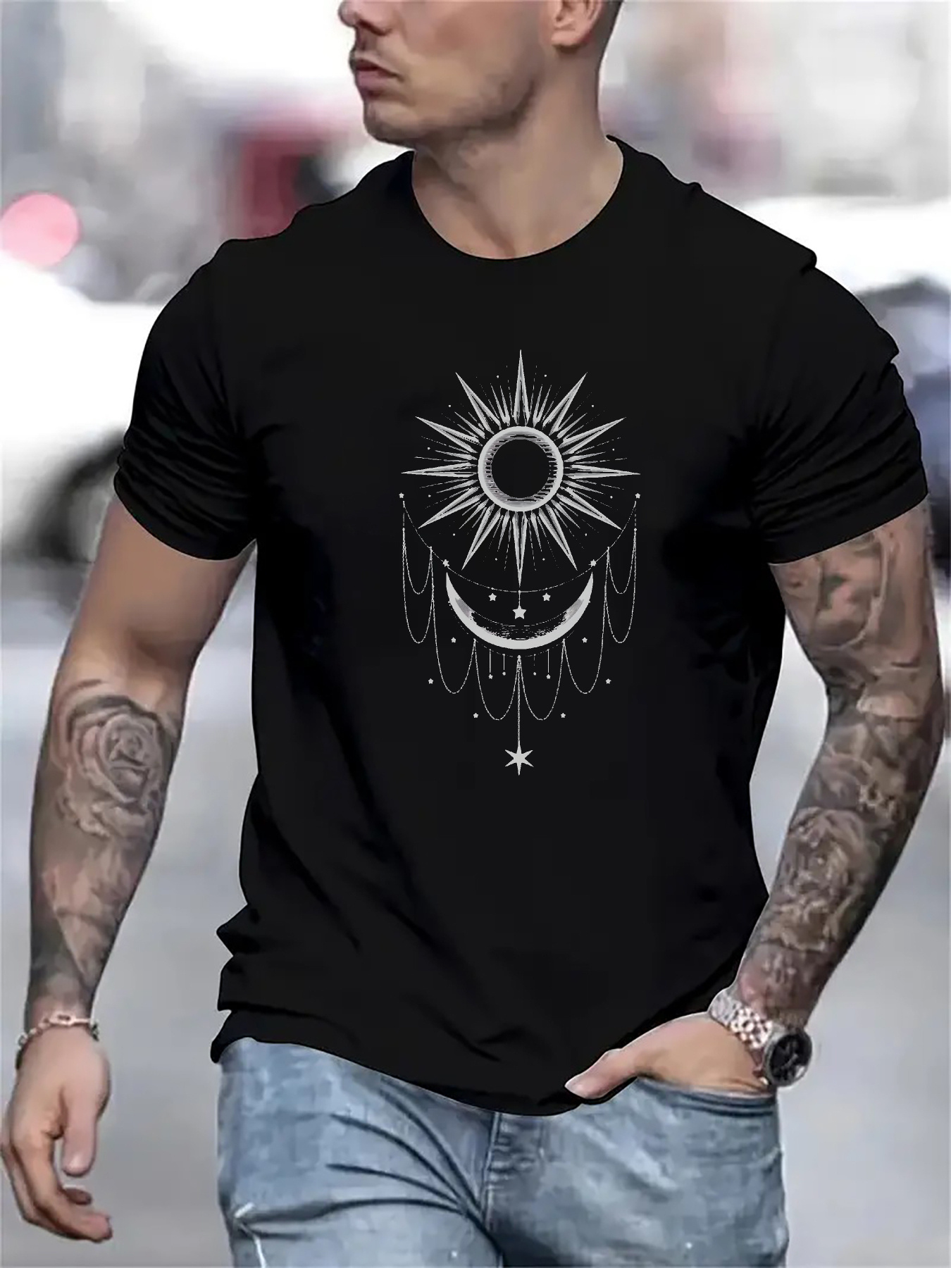 Men's Graphic T-Shirt Radiant Celestial Sun With Crescent Moon Surrounded By Shimmering Stars