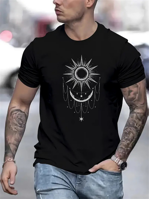 Men's Graphic T-Shirt Radiant Celestial Sun With Crescent Moon Surrounded By Shimmering Stars