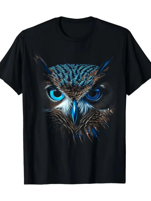 Men's Graphic T-Shirt Electric Blue Feathers With Intense Gaze Staring Majestic Owl