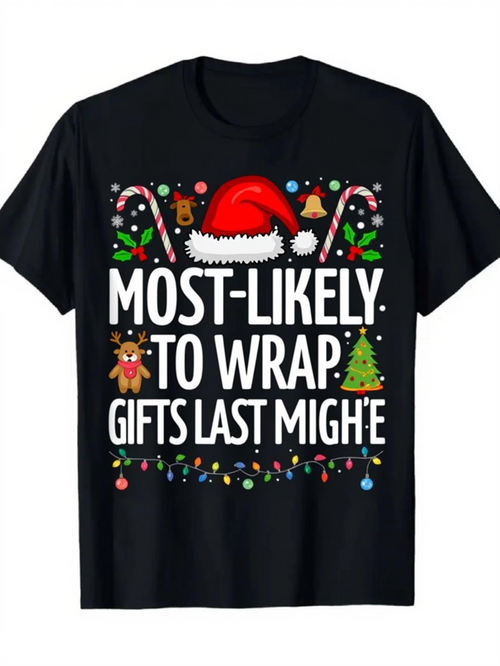 Men's Graphic T-Shirt Most Likely To Wrap Gifts Last Santa Hat With Christmas Icons