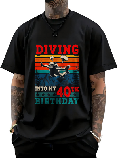 Men's Graphic T-Shirt Diving Into My 40th Birthday With Vintage Sunset And Scuba Diver Silhouette