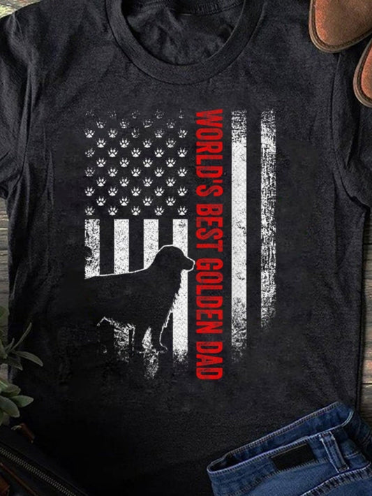 Women's Graphic T-Shirt Worlds Best Golden Dad Distressed American Flag With Large Dog Silhouette