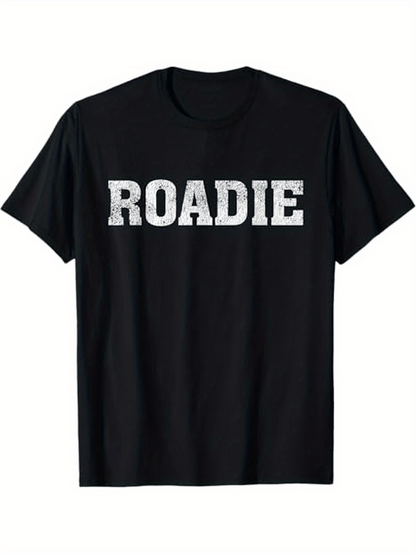 Men's Graphic T-Shirt Roadie Distressed White Bold Letters On Solid Black Tee