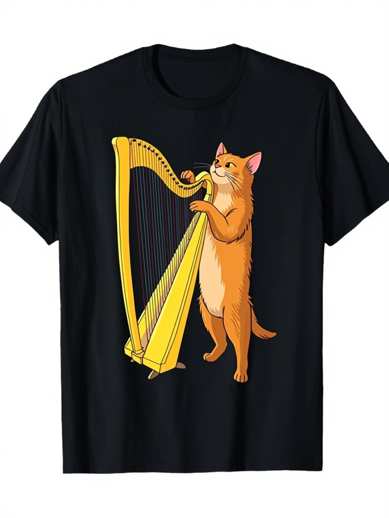 Men's Graphic T-Shirt Playful Orange Cat Standing Upright With Golden Harp Strings Harp