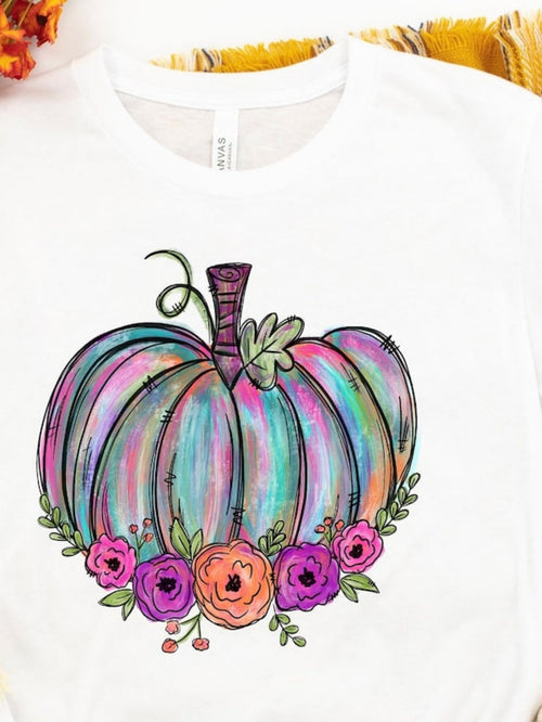 Men's Graphic T-Shirt Rainbow Striped Pumpkin With Watercolor Flowers At The Bottom Pumpkin