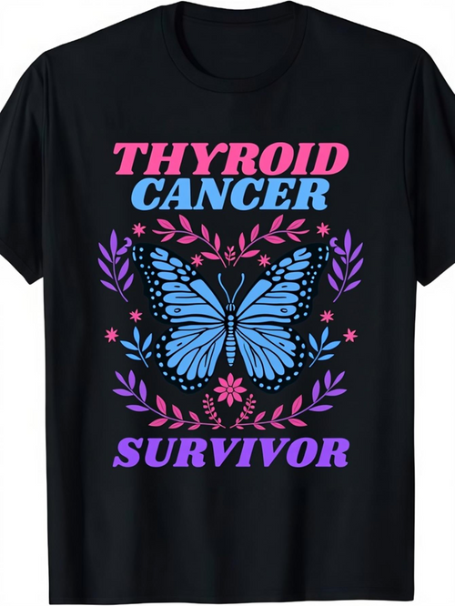 Men's Graphic T-Shirt Thyroid Cancer Survivor Blue Butterfly Surrounded By Purple Flowery Branches