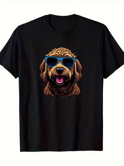 Men's Graphic T-Shirt Happy Brown Pup Wearing Blue Sunglasses Playful Summer Dog