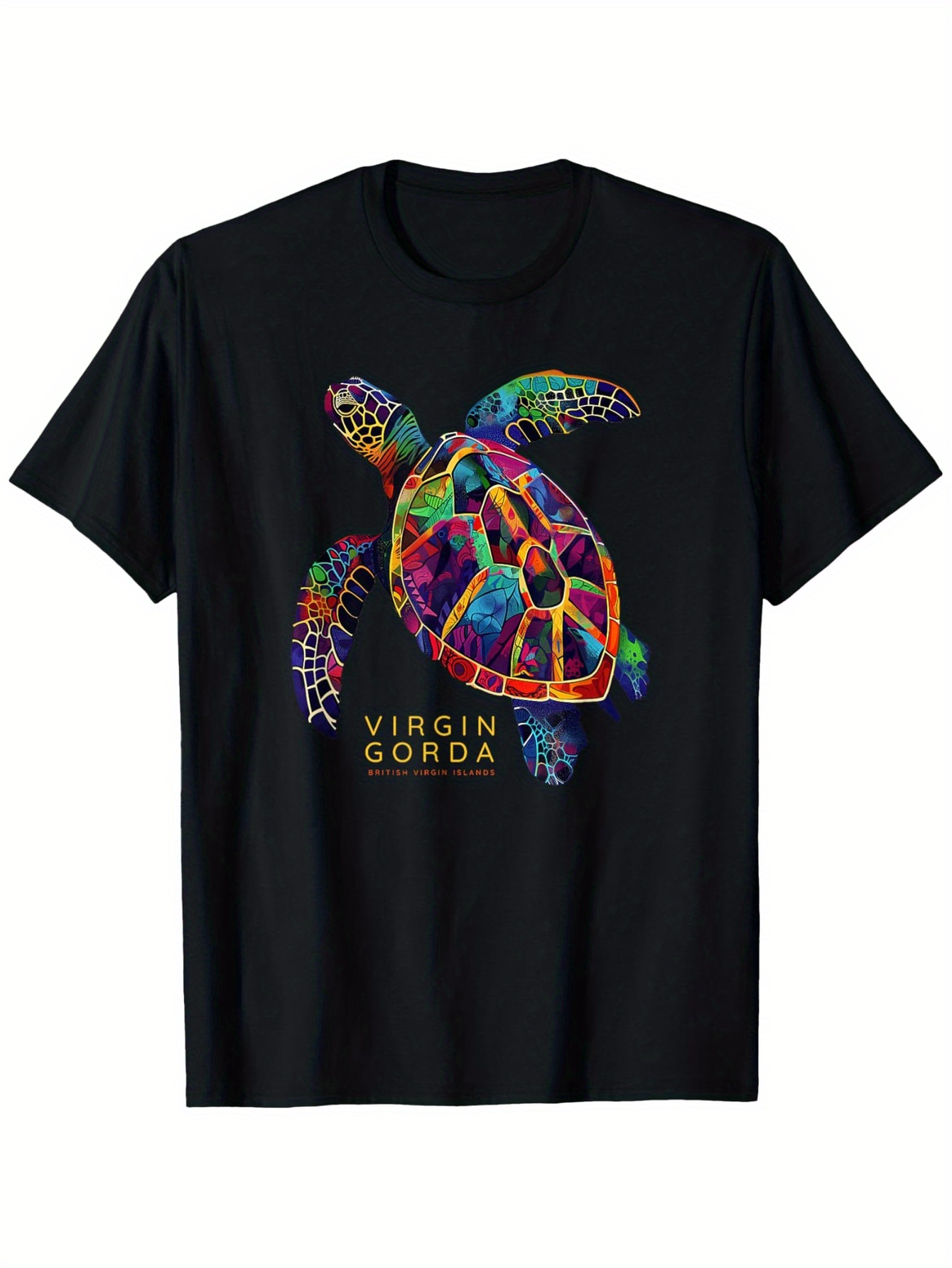 Men's Graphic T-Shirt Virgin Gorda Vibrant Watercolor Patterns Surrounding Majestic Sea Turtle