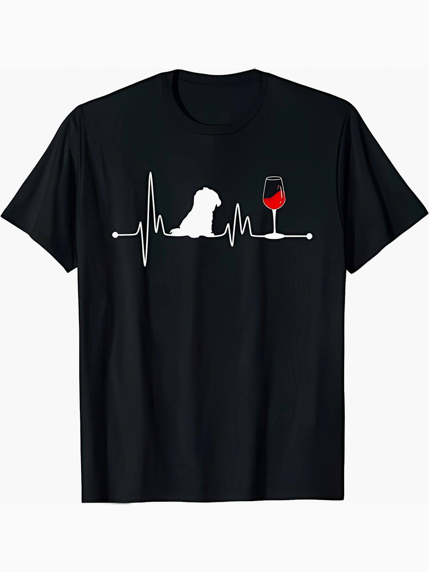 Men's Graphic T-Shirt Heartbeat Rhythm With Sitting Dog And Glass Of Red Wine Silhouette