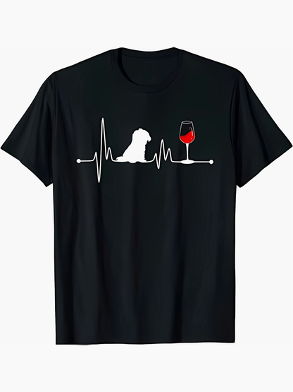 Men's Graphic T-Shirt Heartbeat Rhythm With Sitting Dog And Glass Of Red Wine Silhouette