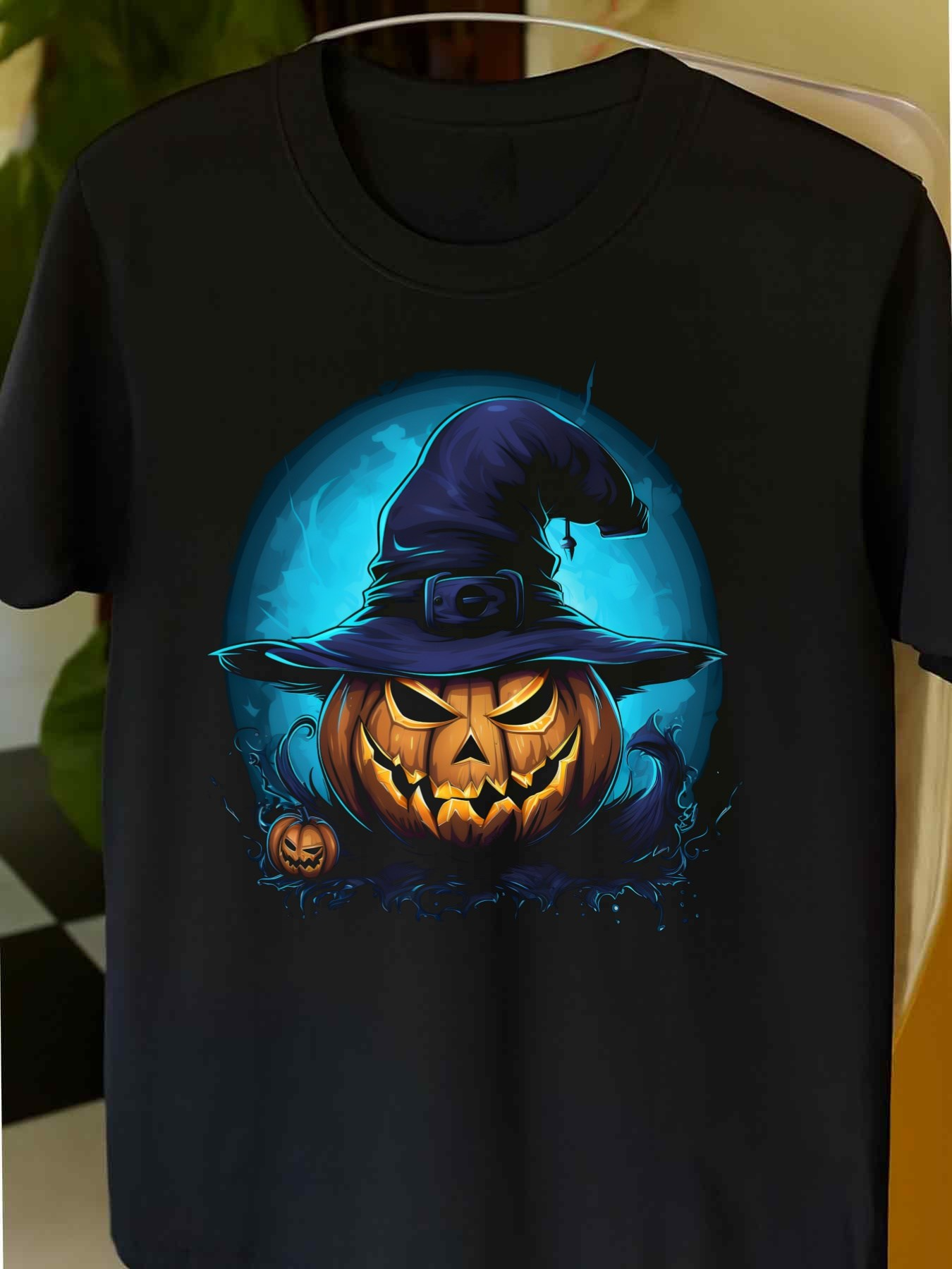 Men's Graphic T-Shirt Glowing Blue Halloween Night With Witch Hat Jack O Lantern Pumpkin