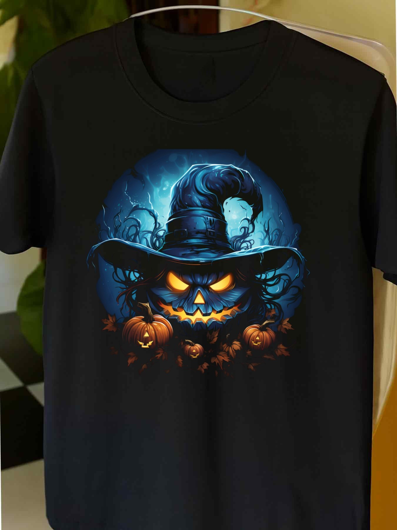 Men's Graphic T-Shirt Glowing Pumpkins Under Haunted Moonlight With Ominous Witch Hat Jackolantern